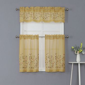 Kate Aurora Embroidered Complete 3 pc Floral Rod Pocket Cafe Kitchen Curtain Tier and Valance Set