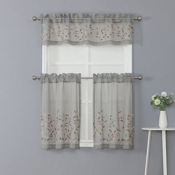 Kate Aurora Embroidered Complete 3 pc Floral Rod Pocket Cafe Kitchen Curtain Tier and Valance Set