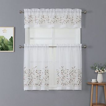 Kate Aurora Embroidered Complete 3 pc Floral Rod Pocket Cafe Kitchen Curtain Tier and Valance Set