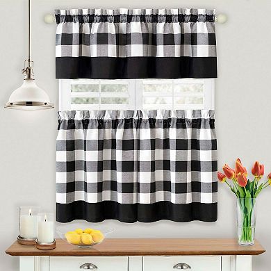 Kate Aurora Modern Country Farmhouse 3 Piece Plaid Checkered Cafe Kitchen Curtain Tier Set