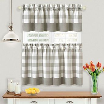 Kate Aurora Modern Country Farmhouse 3 pc Plaid Checkered Cafe Kitchen Curtain Tier Set
