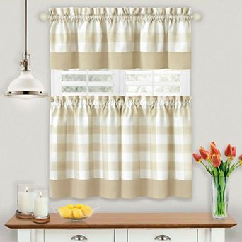 Kate Aurora Modern Country Farmhouse 3 pc Plaid Checkered Cafe Kitchen Curtain Tier Set