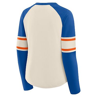 Women's Fanatics Cream/Royal Denver Broncos Hometown Gridiron Hero Raglan  Lace-Up V-Neck Long Sleeve T-Shirt