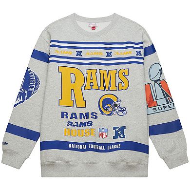 Men's Mitchell & Ness Heather Gray Los Angeles Rams All Over Print Vintage Fleece Crewneck Sweatshirt