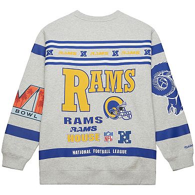 Men's Mitchell & Ness Heather Gray Los Angeles Rams All Over Print Vintage Fleece Crewneck Sweatshirt