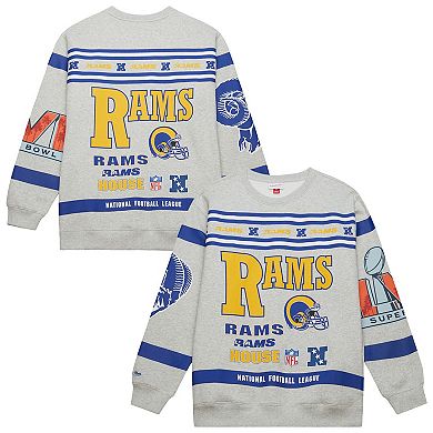 Men's Mitchell & Ness Heather Gray Los Angeles Rams All Over Print Vintage Fleece Crewneck Sweatshirt