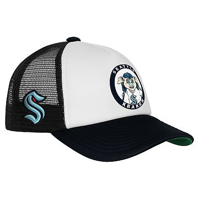 Youth Mitchell & Ness White Seattle Kraken Mascot Adjustable Trucker Hat