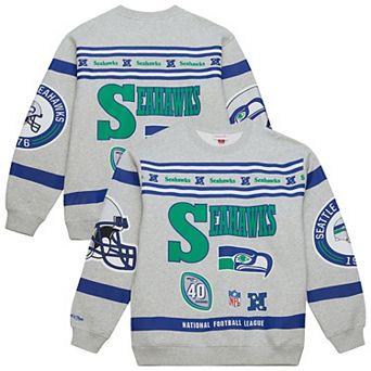 Men's Mitchell & Ness Heather Gray Seattle Seahawks All Over Print Vintage Fleece Crewneck Sweatshirt