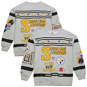 Men's Mitchell & Ness Heather Gray Pittsburgh Steelers All Over Print Vintage Fleece Crewneck Sweatshirt