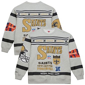 Men's Mitchell & Ness Heather Gray New Orleans Saints All Over Print Vintage Fleece Crewneck Sweatshirt