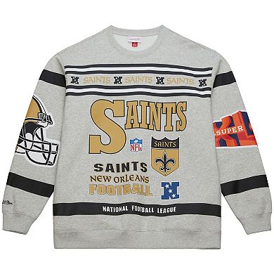Men's Mitchell & Ness Heather Gray New Orleans Saints All Over Print Vintage Fleece Crewneck Sweatshirt
