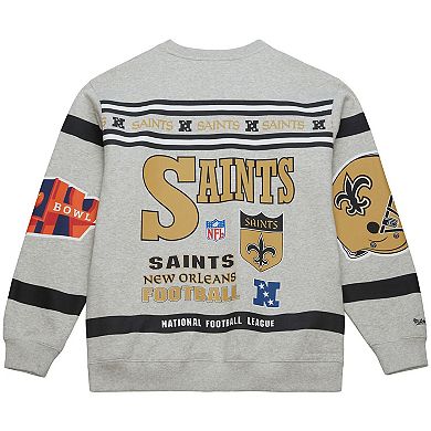 Men's Mitchell & Ness Heather Gray New Orleans Saints All Over Print Vintage Fleece Crewneck Sweatshirt