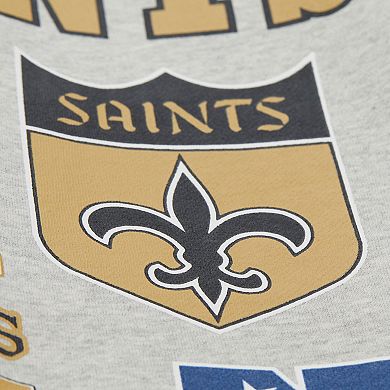 Men's Mitchell & Ness Heather Gray New Orleans Saints All Over Print Vintage Fleece Crewneck Sweatshirt