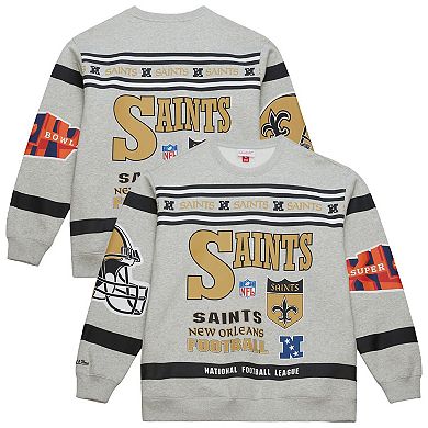 Men's Mitchell & Ness Heather Gray New Orleans Saints All Over Print Vintage Fleece Crewneck Sweatshirt