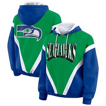 Women's WEAR by Erin Andrews Kelly Green/Royal Seattle Seahawks Plus Size Retro Crinkle Full-Zip Windbreaker Jacket