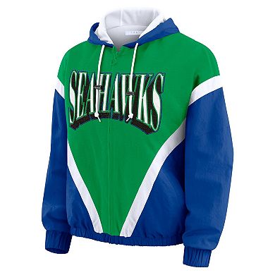 Women's WEAR by Erin Andrews Kelly Green/Royal Seattle Seahawks Plus Size Retro Crinkle Full-Zip Windbreaker Jacket