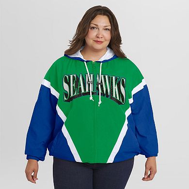 Women's WEAR by Erin Andrews Kelly Green/Royal Seattle Seahawks Plus Size Retro Crinkle Full-Zip Windbreaker Jacket