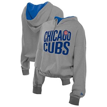 Women's New Era Heather Gray Chicago Cubs Reversed Out French Terry Quarter-Zip Banded Crop Hoodie