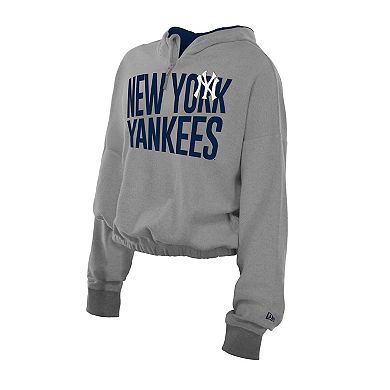 Women's New Era Heather Gray New York Yankees Reversed Out French Terry Quarter-Zip Banded Crop Hoodie