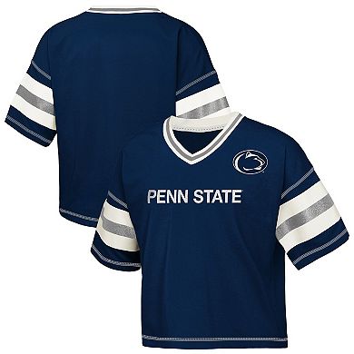 Girls Youth Outerstuff Navy Penn State Nittany Lions Gridiron Jersey V-Neck T-Shirt