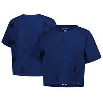 Women's Gameday Social Navy Michigan Wolverines Allover Print Heavyweight Cropped T-Shirt