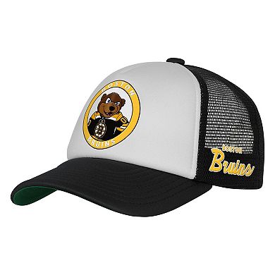 Youth Mitchell & Ness White Boston Bruins Mascot Adjustable Trucker Hat