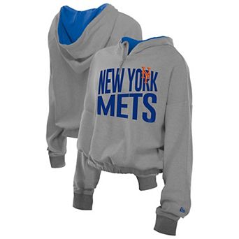 Women's New Era Heather Gray New York Mets Reversed Out French Terry Quarter-Zip Banded Crop Hoodie