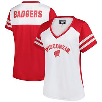 Women's Fanatics White Wisconsin Badgers Plus Size Rhinestone Glitter Sleeve Stripe V-Neck T-Shirt