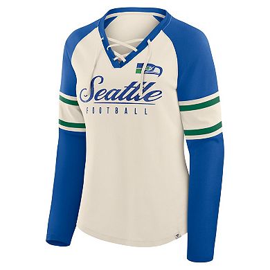 Women's Fanatics Cream/Royal Seattle Seahawks Hometown Gridiron Hero Raglan Lace-Up V-Neck Long Sleeve T-Shirt