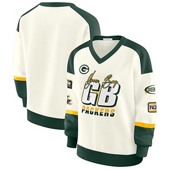 Women's WEAR by Erin Andrews Cream Green Bay Packers Racing Crew V-Neck Sweatshirt