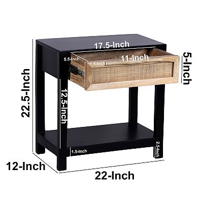 Rosette Side End Table, Rattan Front Drawer, Open Shelf, Mango Wood Frame