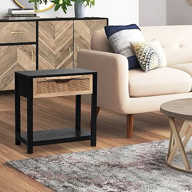 Rosette Side End Table, Rattan Front Drawer, Open Shelf, Mango Wood Frame