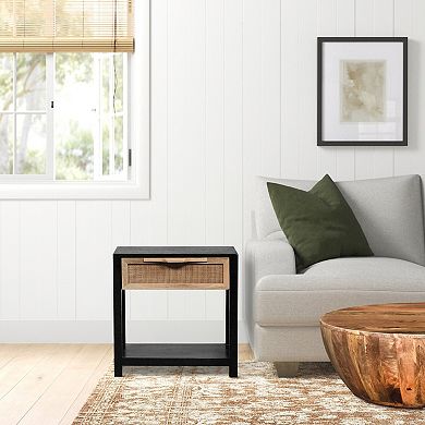 Rosette Side End Table, Rattan Front Drawer, Open Shelf, Mango Wood Frame