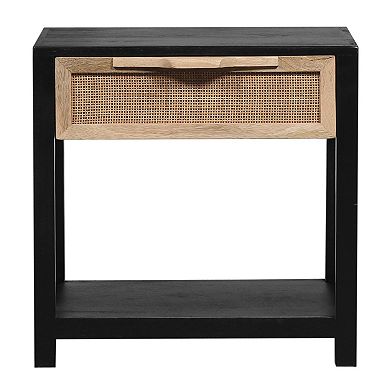 Rosette Side End Table, Rattan Front Drawer, Open Shelf, Mango Wood Frame