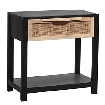 Rosette Side End Table, Rattan Front Drawer, Open Shelf, Mango Wood Frame
