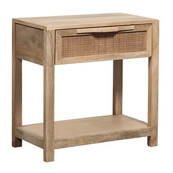 Rosette Side End Table, Rattan Front Drawer, Open Shelf, Mango Wood Frame