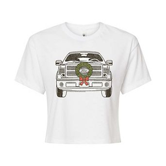 Juniors' Ford F150 With Wreath Christmas Cropped Graphic Tee