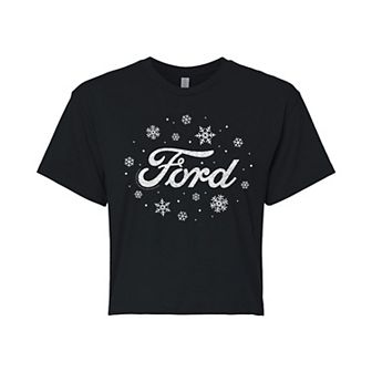 Juniors' Ford Logo Snowflakes Holiday Cropped Graphic Tee