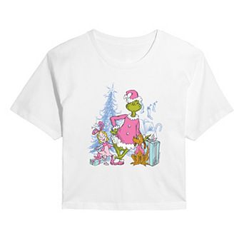 Juniors' The Grinch, Max, & Cindy Lou Who Graphic Christmas Cropped Graphic Tee
