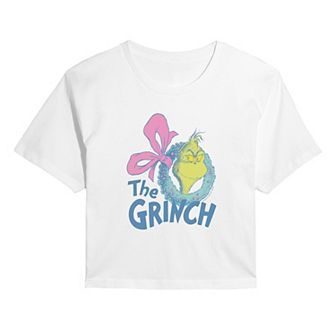 Juniors' Dr. Seuss The Grinch Wreath Christmas Cropped Graphic Tee