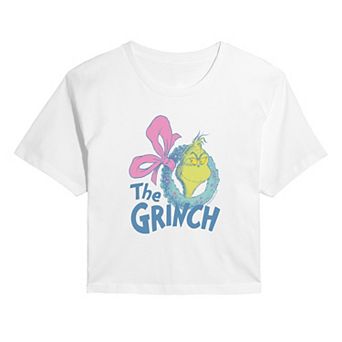 Juniors' Dr. Seuss The Grinch Wreath Christmas Cropped Graphic Tee
