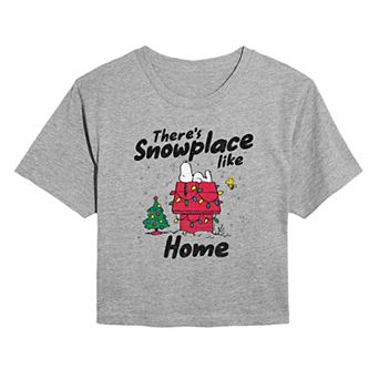 Juniors' Peanuts There's Snowplace Like Home Christmas Cropped Graphic Tee