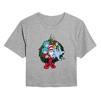 Juniors' Dr. Seuss Characters Christmas Wreath Cropped Graphic Tee