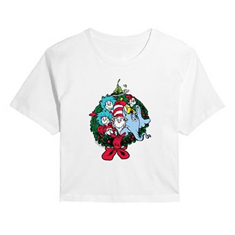 Juniors' Dr. Seuss Characters Christmas Wreath Cropped Graphic Tee