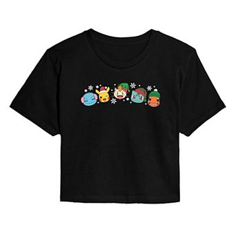 Juniors' Pokemon Group Christmas Cropped Graphic Tee