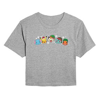 Juniors' Pokemon Group Christmas Cropped Graphic Tee