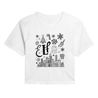 Juniors' Elf Icon Doodles Christmas Cropped Graphic Tee