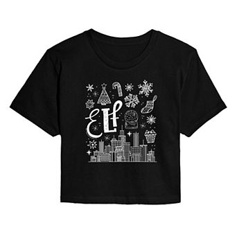 Juniors' Elf Icon Doodles Christmas Cropped Graphic Tee