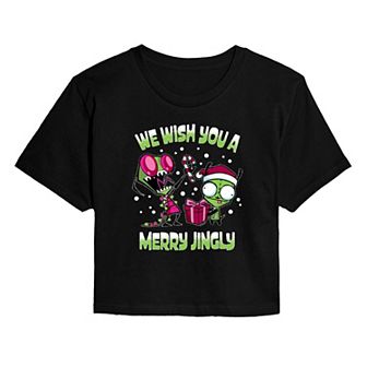Juniors' Invader Zim We Wish You A Merry Jingly Christmas Cropped Graphic Tee
