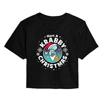Juniors' SpongeBob SquarePants Have A Krabby Christmas Cropped Graphic Tee